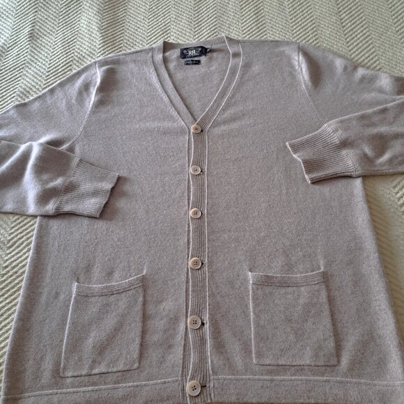 Ralph Lauren RRL Men Cashmere Cardigan Beige V Neck Button Down Sweater Size XXL - Picture 1 of 12